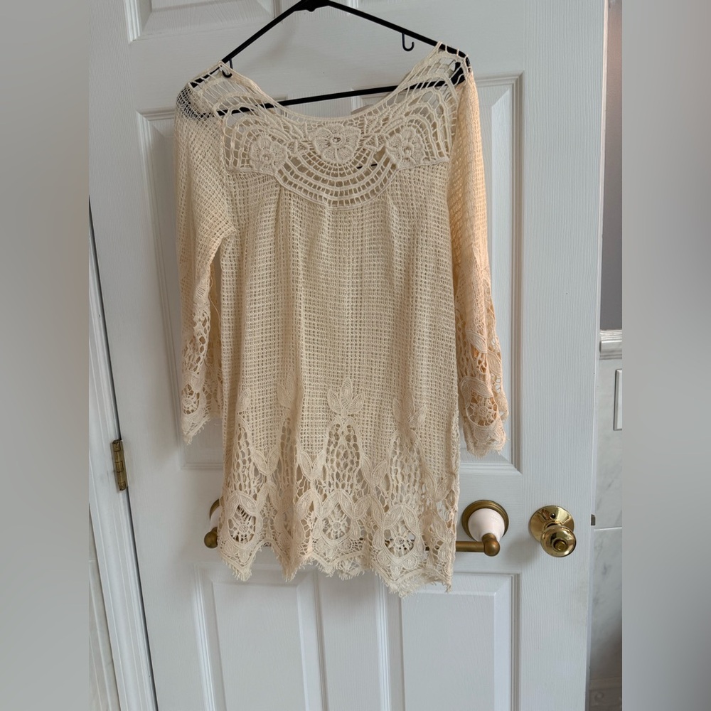 Cream Lace Crochet Beach Coverup Tunic Top
